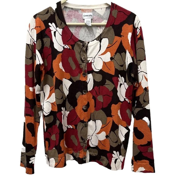 Chicos Cardigan Womens 1 Pumpkin Spice Silk Blend Floral Career‎ Autumn Fall - Picture 1 of 8